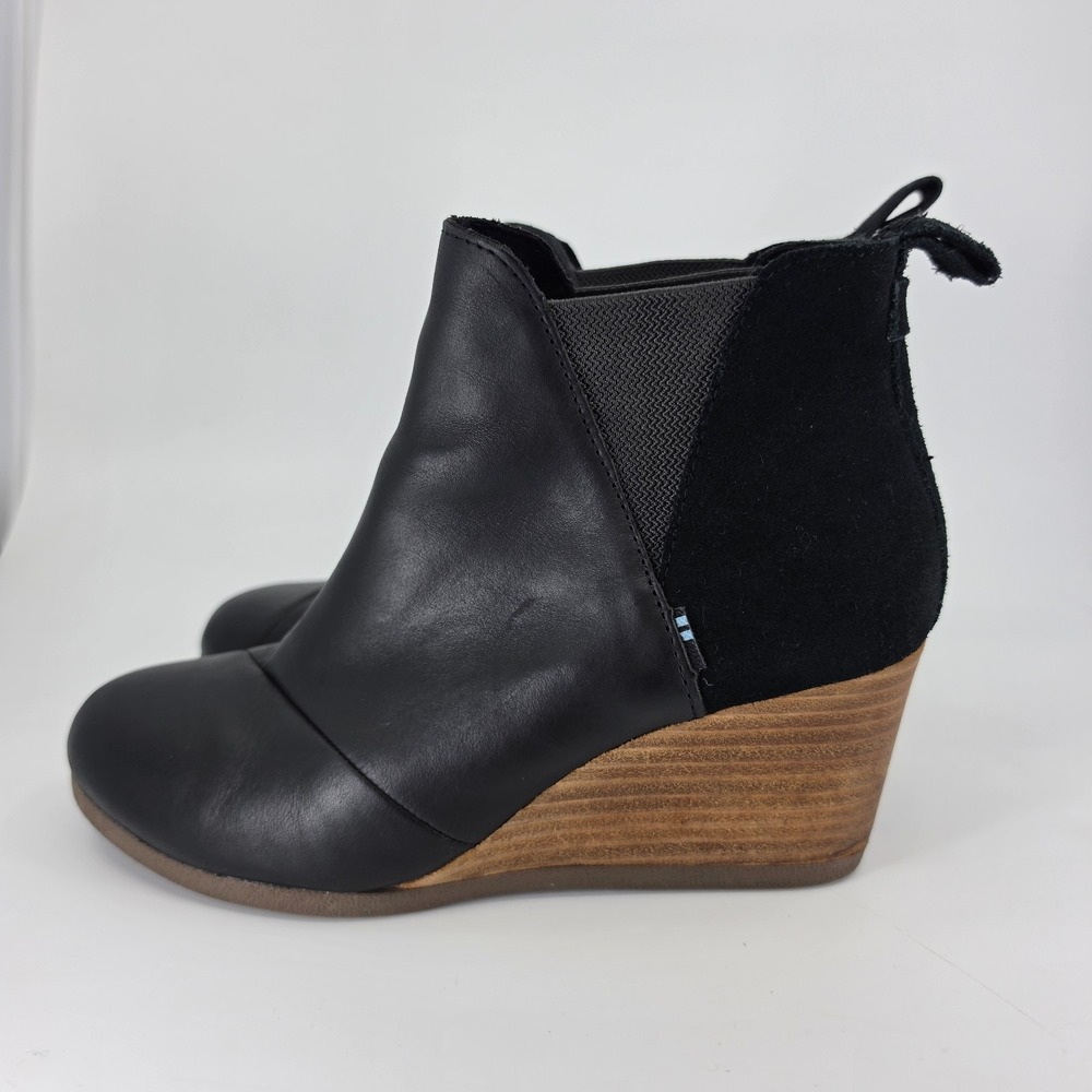 TOMS Kelsey Wedge Bootie in Black Leather Suede Size 7.5 Pull On Minimalist Chic